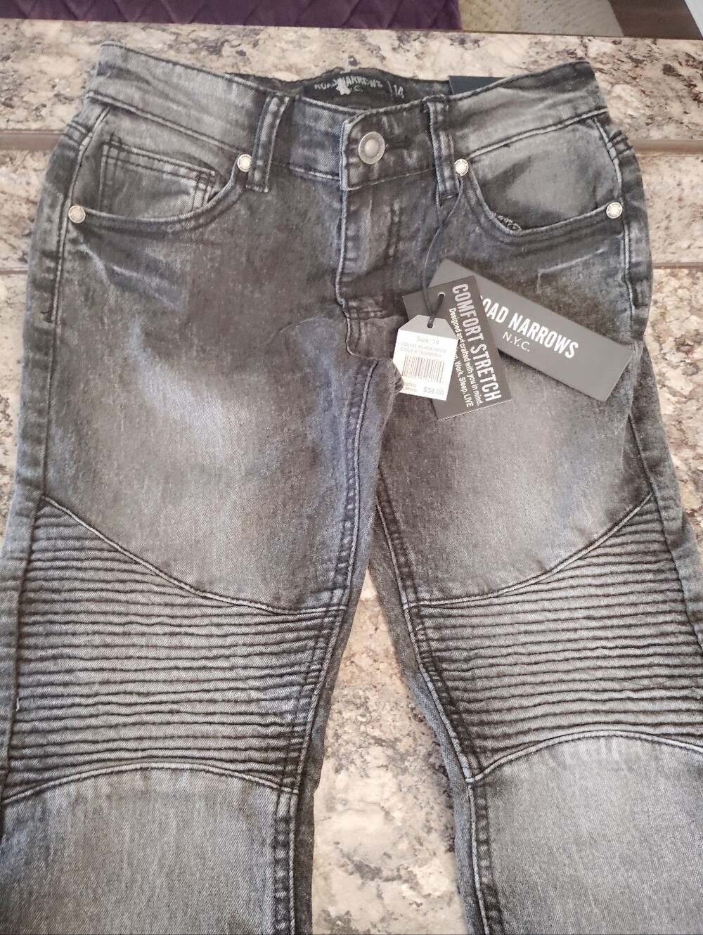 :NWT Broad Narrows N.Y.C. Boys Moto Biker Jeans Black Rinse Size 14 - Picture 2 of 6